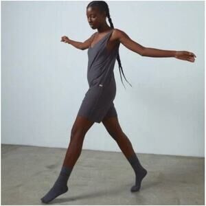 Lunya Cool Short Romper Charcoal Gray striped V-neck Jumpsuit romper sz XS